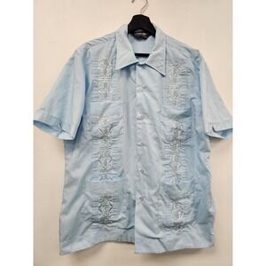 Vintage Challenger Shirt Mens XL Blue Guayabera‎ Cuban Embroidered 4 Pocket 90s